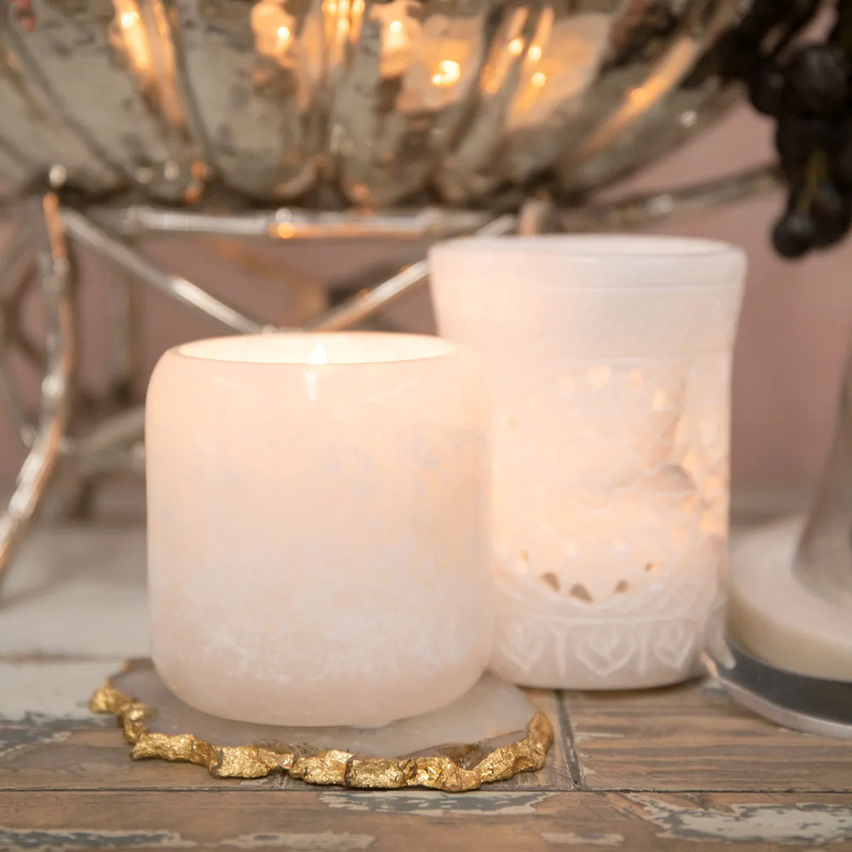 Alabaster Candle Holder Cut Out Design (White)