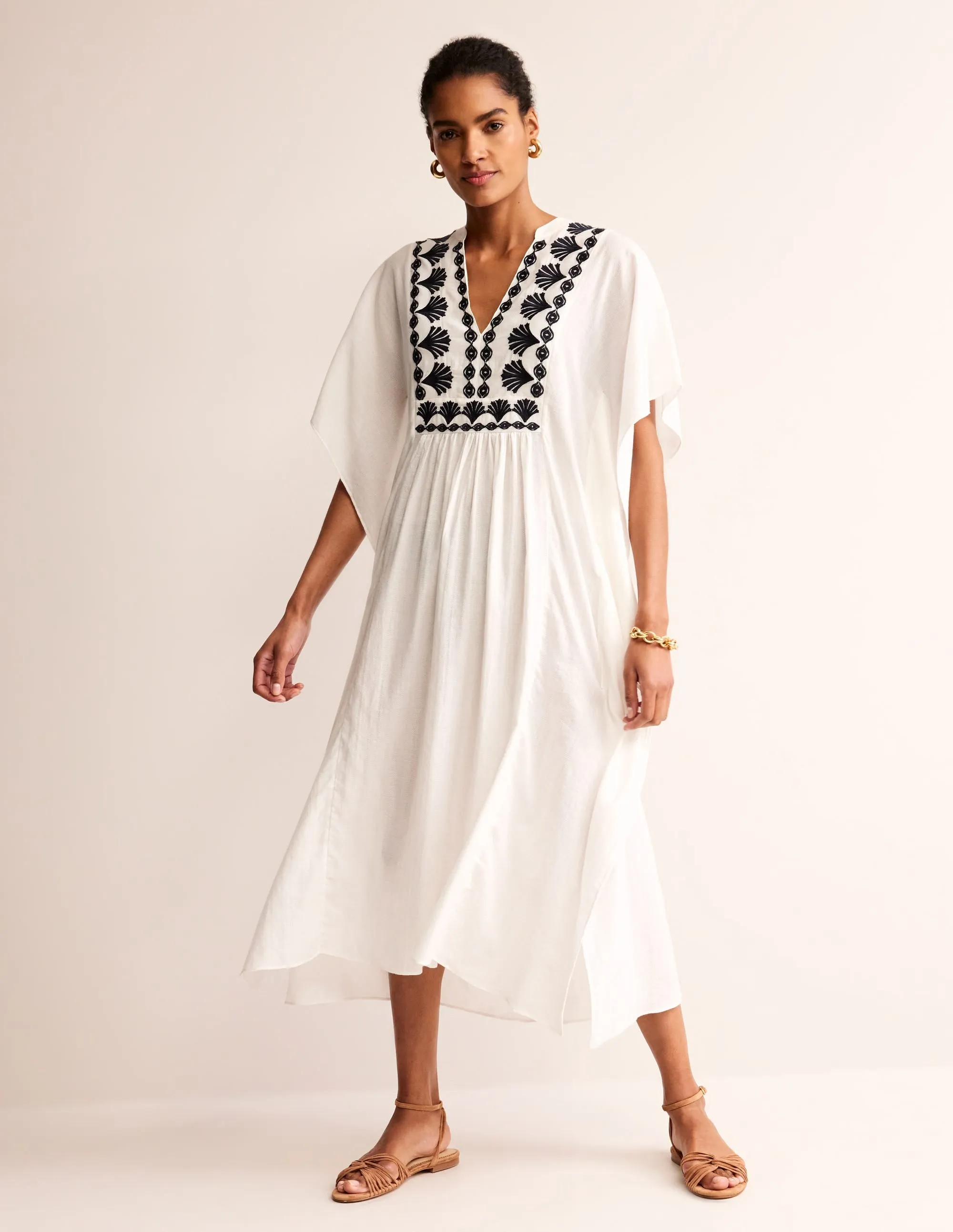 Embroidered V-Neck Kaftan-Ivory