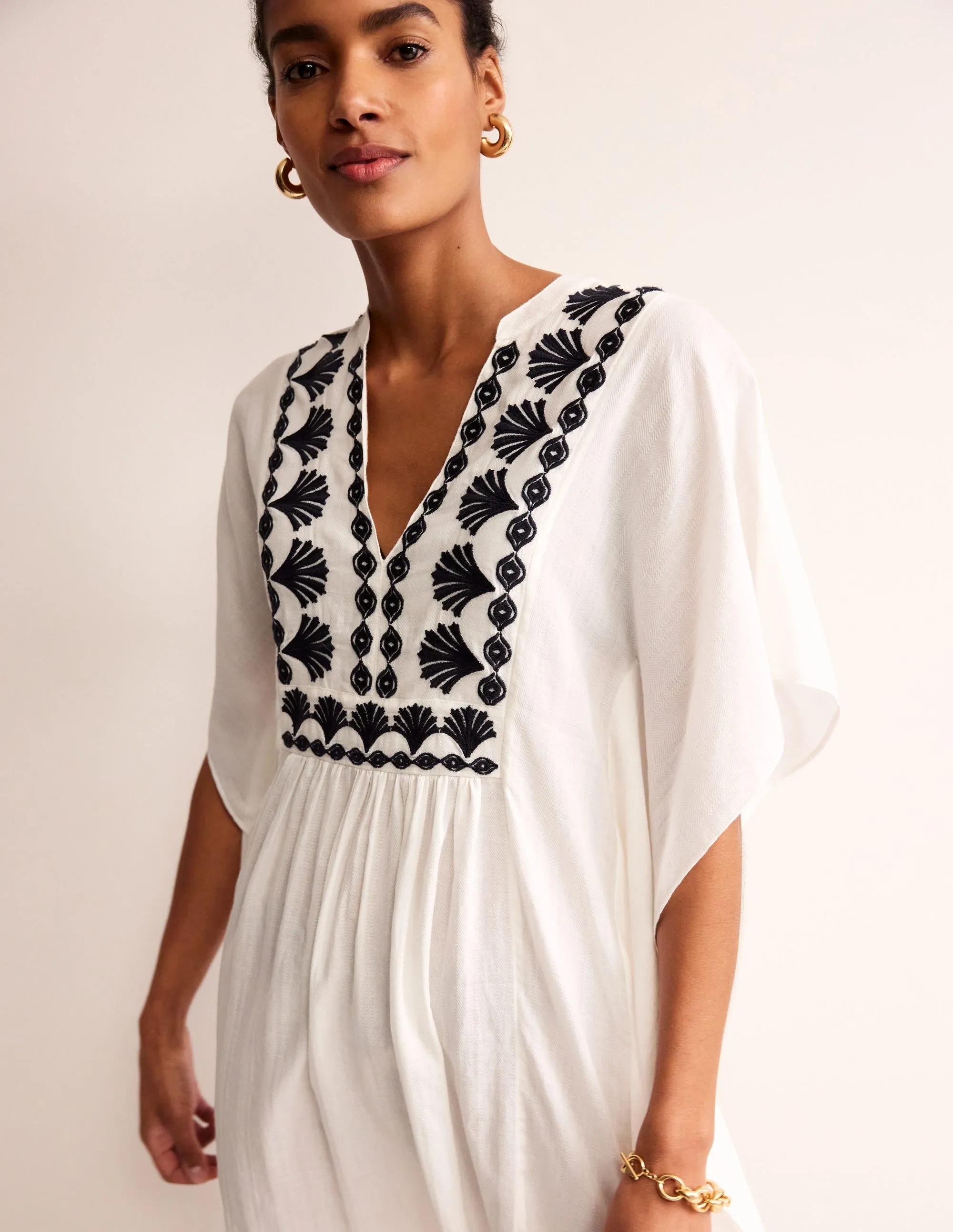 Embroidered V-Neck Kaftan-Ivory