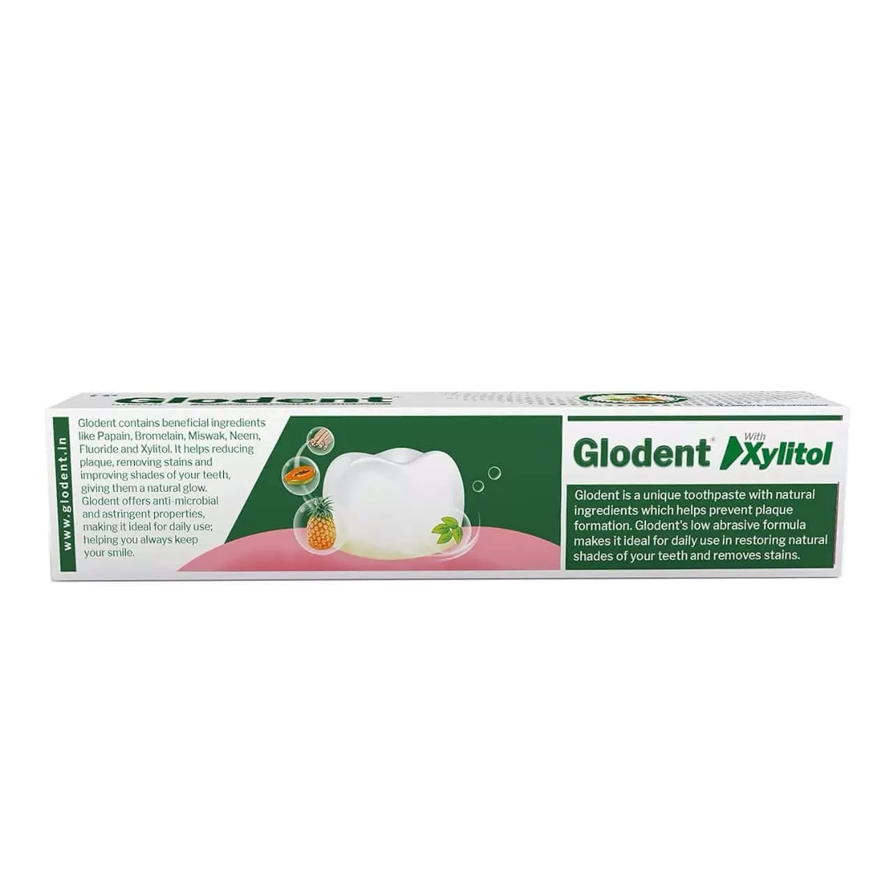 Glodent Teeth Whitening Toothpaste | Plaque Remover | Gum Care | Anticavity Tooth paste | Natural Xylitol Extracts, Neem, Pineapple, Papaya, and Miswak | Vegan-friendly Oral Care (Pack of 1) 70g